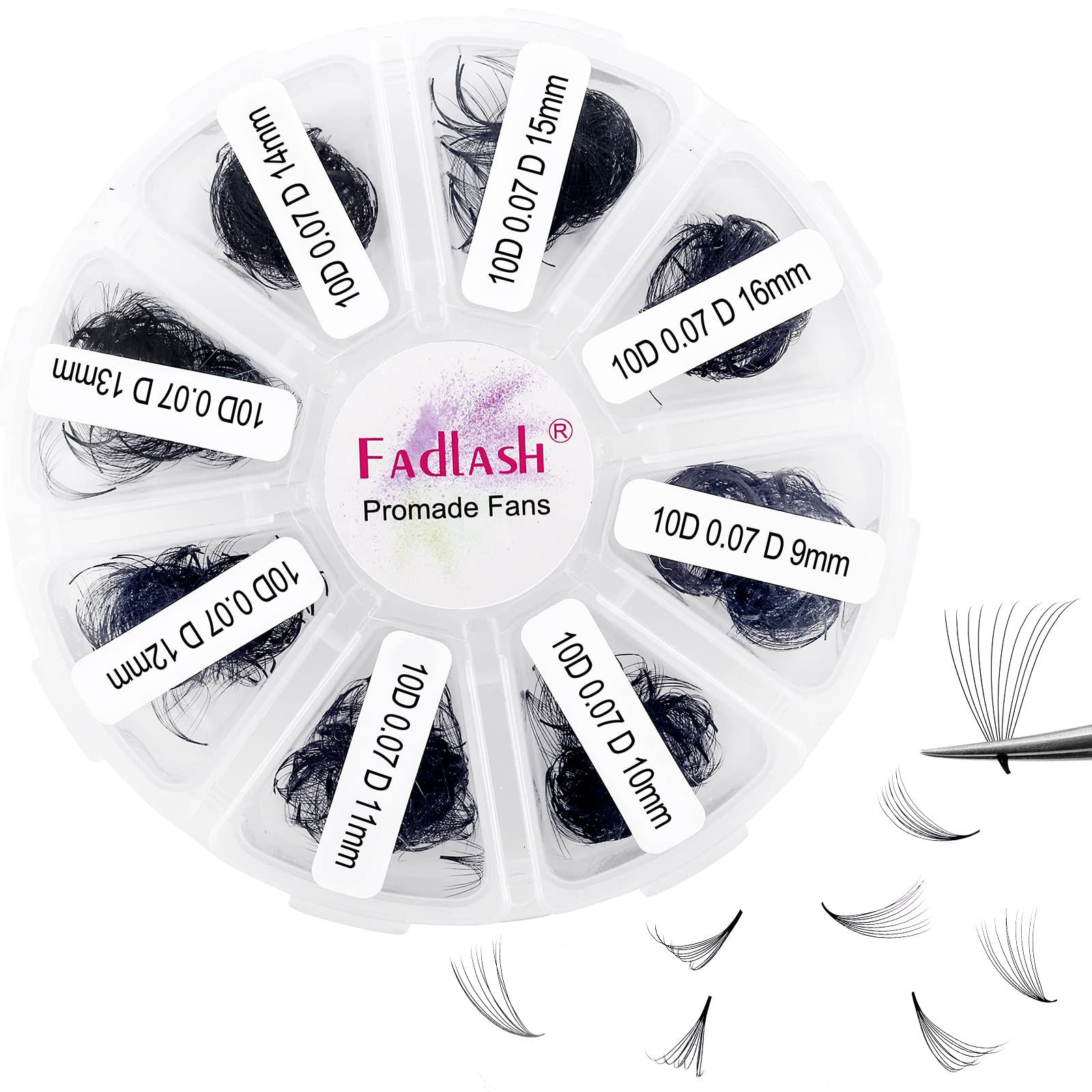 1000 Mixed Volume Eyelash Extensions Tray - 10D Premade Fans, D Curl Lash Fans, Pointed Handmade Loose Thin Base Fans (10D-0.07D, 9-16mm)