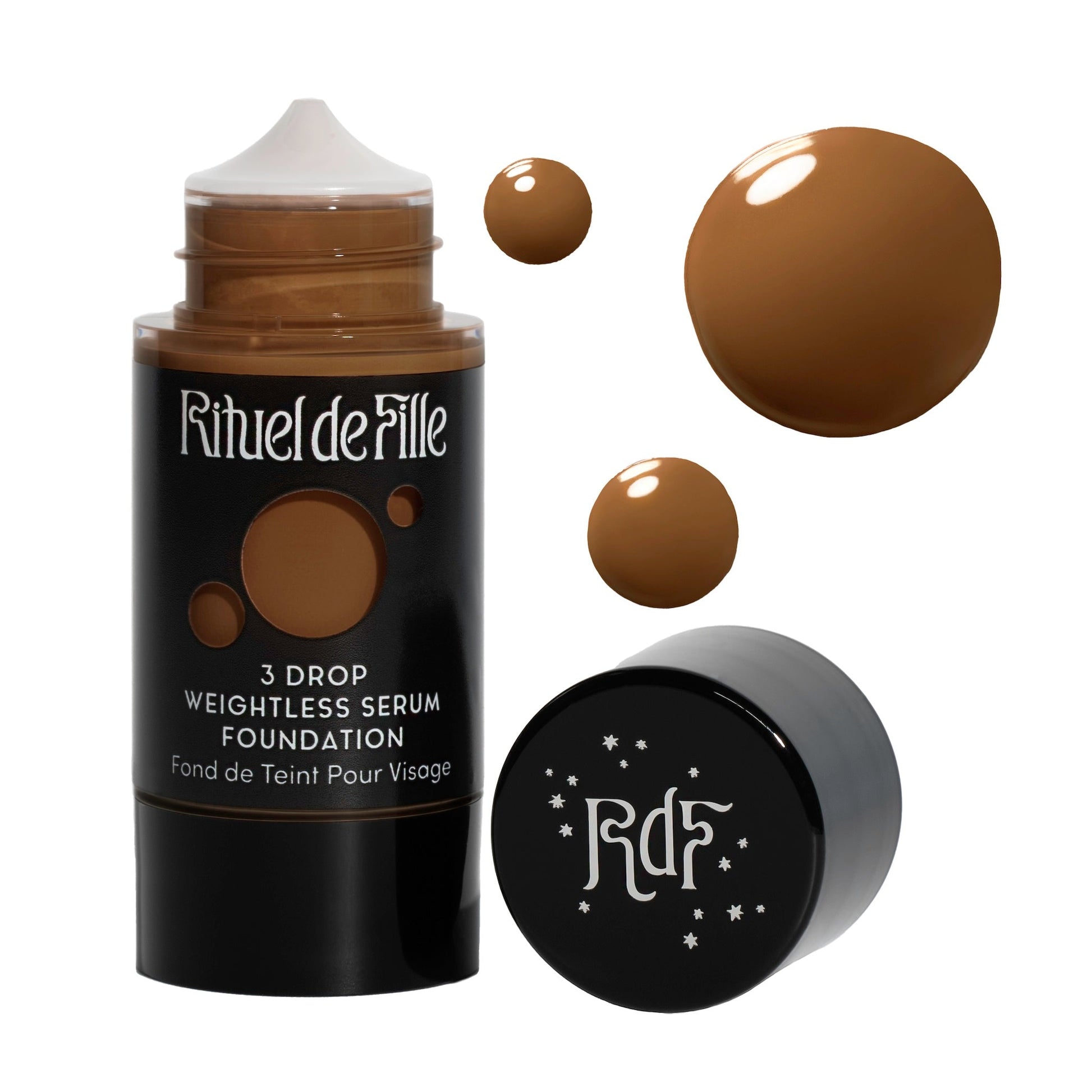 Rituel de Fille-3 Drop Weightless Serum Foundation-Makeup-DROP-185SwatchandBottleNoDropShadowSquare-The Detox Market | Potion 185 - Medium deep shade for warm olive undertones